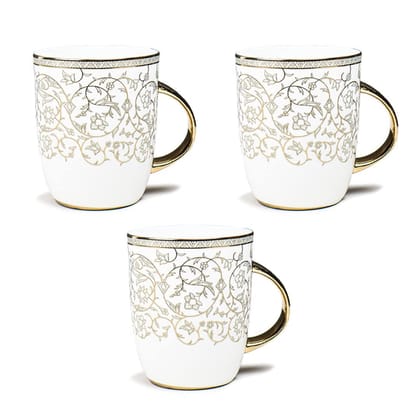 Femora India Gold Floral Fine Bone China Golden Coffee Mugs, Tea Mugs, Ceramic Tea Cups (360 ml, Golden) - 3 Pcs Set