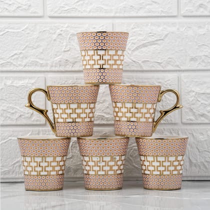 Femora Honey Comb on Golden Mugs, Ceramic Tea Cups, Coffee Mugs (160 ml, Golden) - 6 Pcs Set