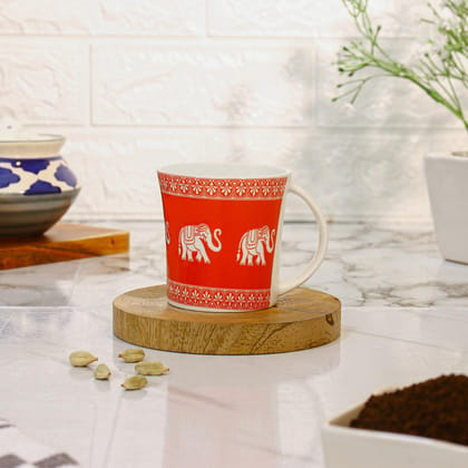 Femora Elephant Parade Pattern Tea Cups, Ceramic Tea Cups, Coffee Mugs (160 ml) - 6 Pcs Set (Red)