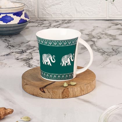 Femora Elephant Parade Pattern Tea Cups, Ceramic Tea Cups, Coffee Mugs (160 ml) - 6 Pcs Set (Green)