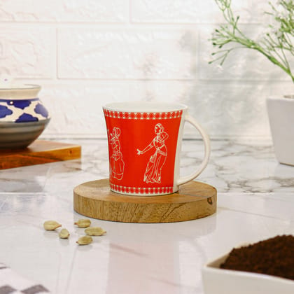 Femora Traditional Dancers Pattern Tea Cups, Ceramic Tea Cups, Coffee Mugs (160 ml) - 6 Pcs Set (Red)