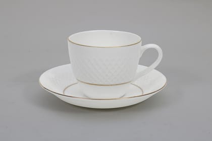 Femora Indian Ceramic Double Gold Line Diamond Cut White Tea Cups, Mugs and Saucer-200 ml - Set of 6 (6 Cups, 6 Saucer)