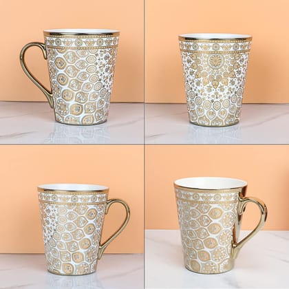 Femora Indian Floral Medallion Fine Bone China Golden Coffee Mugs, Tea Mugs, Ceramic Tea Cups (330 ml, Golden) - 3 Pcs Set