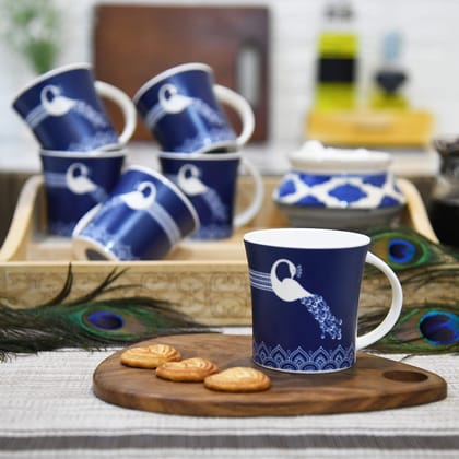 Femora Royal Peacock Design Tea Cups, Ceramic Tea Cups, Coffee Mugs (160 ml) - 6 Pcs Set (Blue)