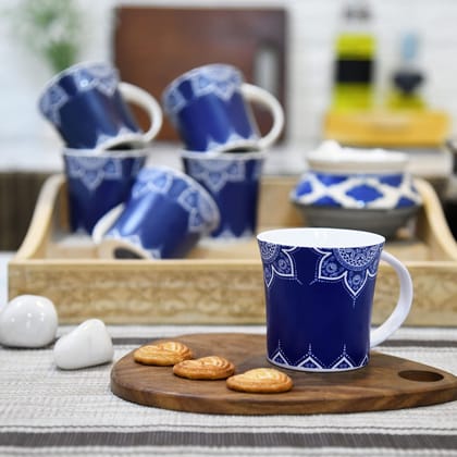 Femora Cosmic Mehendi Tea Cups, Ceramic Tea Cups, Coffee Mugs (160 ml) - 6 Pcs Set (Blue)