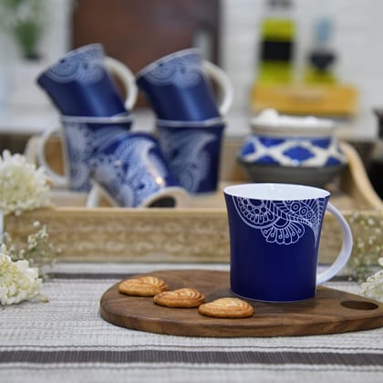 Femora Rich Paisley Pattern Tea Cups, Ceramic Tea Cups, Coffee Mugs (160 ml) - 6 Pcs Set (Blue)