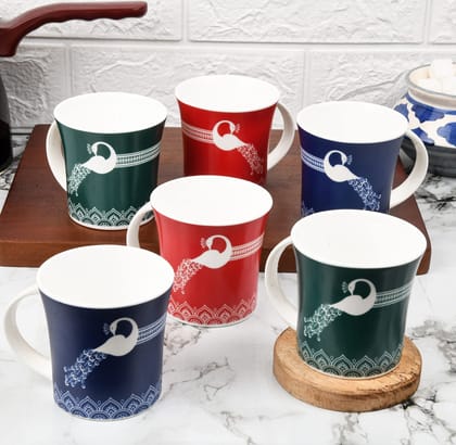Femora Royal Peacock Tea Mugs, Ceramic Tea Cups, Coffee Mugs (160 ml) - 6 Pcs Set (Blue,Red,Green)