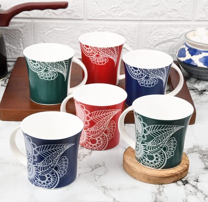 Femora Rich Paisley Pattern Tea Cups, Ceramic Tea Cups, Coffee Mugs (160 ml) - 6 Pcs Set (Blue,Red,Green)