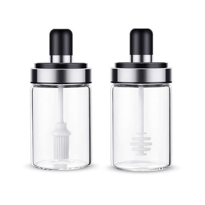 Femora FMBRSHHDPJR Borosilicate Glass Brush Jars and Honey Jar with Spoon - 250 ml, Set of 2, Transparent