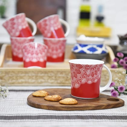 Femora Lavish Mandala Design Tea Cups, Ceramic Tea Cups, Coffee Mugs (160 ml) - 6 Pcs Set (Red)