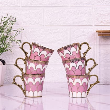 Femora Water Drop Scale Pattern Golden Tea Mugs, Ceramic Tea Cups, Coffee Mugs (160 ml, Pink) - 6 Pcs Set