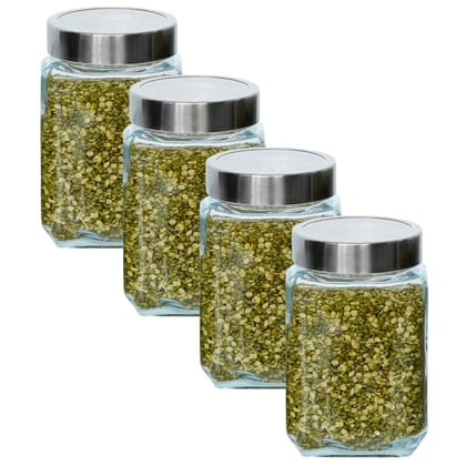 Femora Glass Cuboid Kitchen Storage Jar-750ML, Set of 4, Free Replacement of Lids