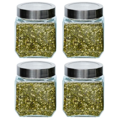 Femora Glass Transparent Cuboid Kitchen Storage Jar- 500ML, Set of 4, Free Replacement of Lids