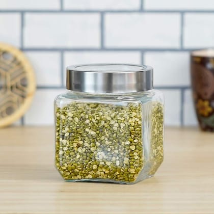 Femora Glass Cuboid Kitchen Storage Jar, 500ML, Free Replacement of Lids