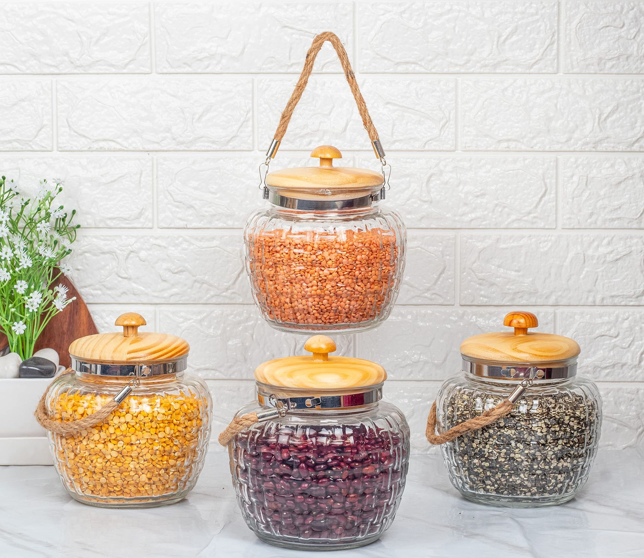 Femora Glass Kitchen Storage Jar with Bamboo Lid, 1500 ML, (1.5-LTR) Set of 4, Free Replacement of Lids