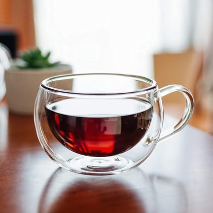 Femora Borosilicate Glass Double Wall Wide Tea Cup, Transparent, 300 ml (Single Piece)