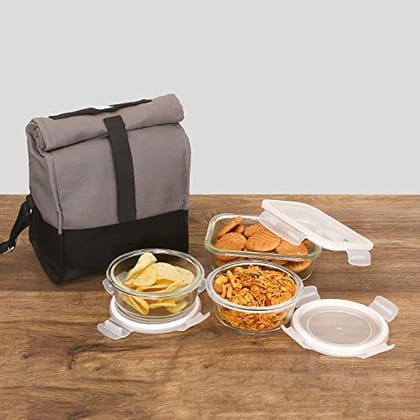 Femora Borosilicate Glass Microwave Safe Container Multipurpose Lunch Box for Office, Grey-Black, Round-380 ml (2 Container), Rectangle-620 ml (1 Container)