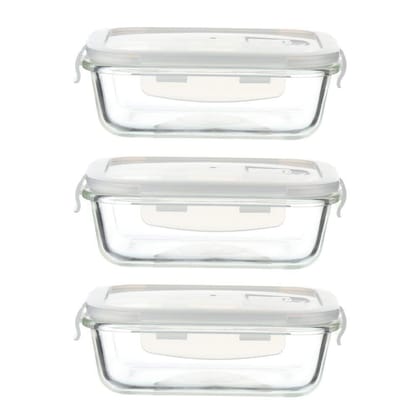 Femora Borosilicate Glass Microwave Safe Rectangle Food Storage Container with Air Vent Lid, 620 ml, Set of 3, 1 Year Free Replacement