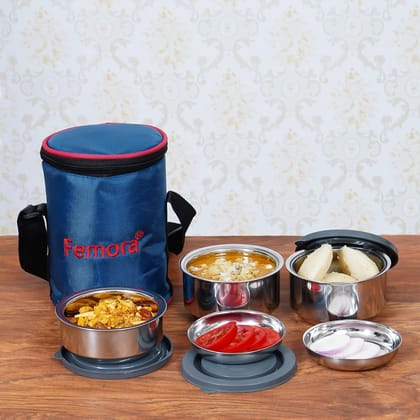 Femora Fresh Stainless Steel Double Wall Lunch Box - 2pcs 300ML, 1 pc 220ML - with Chutney Katori