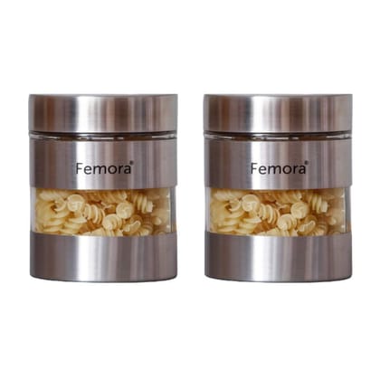 Femora Clear Glass Steel Metallic Jars for Kitchen Storage, 1000 ML - Set of 2, Free Replacement of Lids