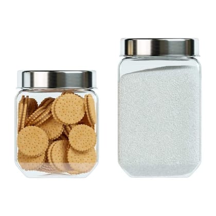Femora Clear Glass Octo Kitchen Storage Jars, 1550 ml, 2000 ml, Set of 2, Free Replacement of Lids