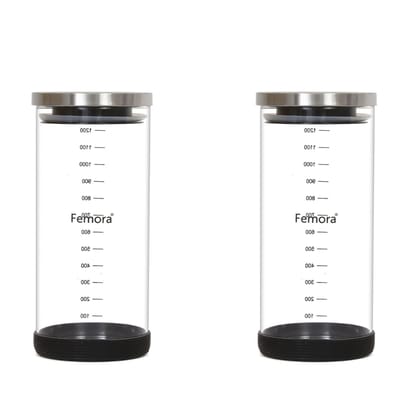 Femora Borosilicate Glass Air-Tight Jar with Silicon Base, 1300 ml, Set of 2