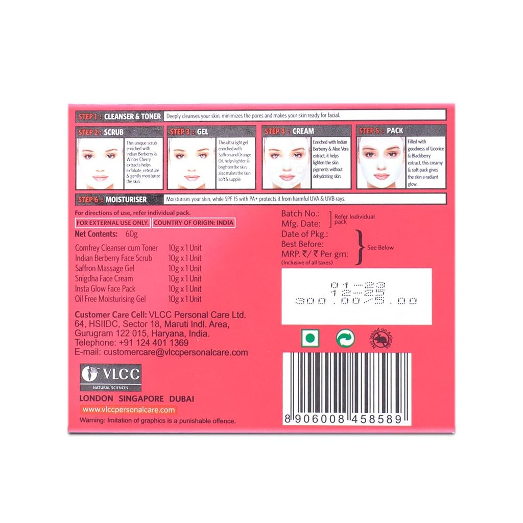 VLCC Party Glow Facial Kit - 60 g | Intense Glow for Clear, Bright Skin. Special Occasion at home facial. With Indian Berberry, Saffron, Mulberry, and Hazlenut. Helps reduce pigmentation and uneven skin tone.