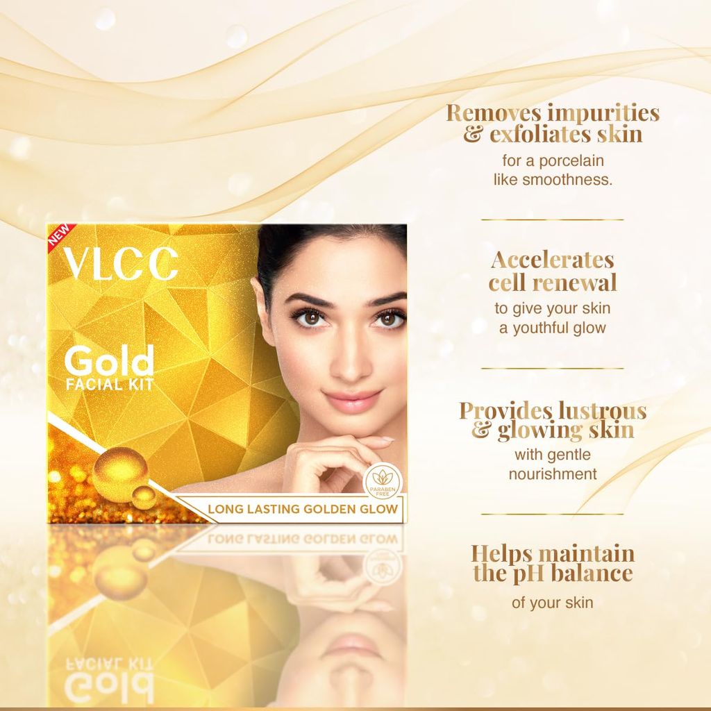 VLCC Gold Facial Kit, Bright & glowing skin - 60g - Parlour Glow with 24K Gold Bhasma, Rose Extracts, Turmeric & Aloe Vera.