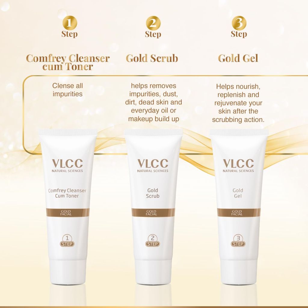 VLCC Gold Facial Kit, Bright & glowing skin - 60g - Parlour Glow with 24K Gold Bhasma, Rose Extracts, Turmeric & Aloe Vera.