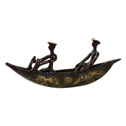 Kartique Brass Table Decor Antique Style Couple Decoration Gift Handmade Boat for Bedroom Home Idol Showpiece Color Gold and Green Length 12.5 Inch