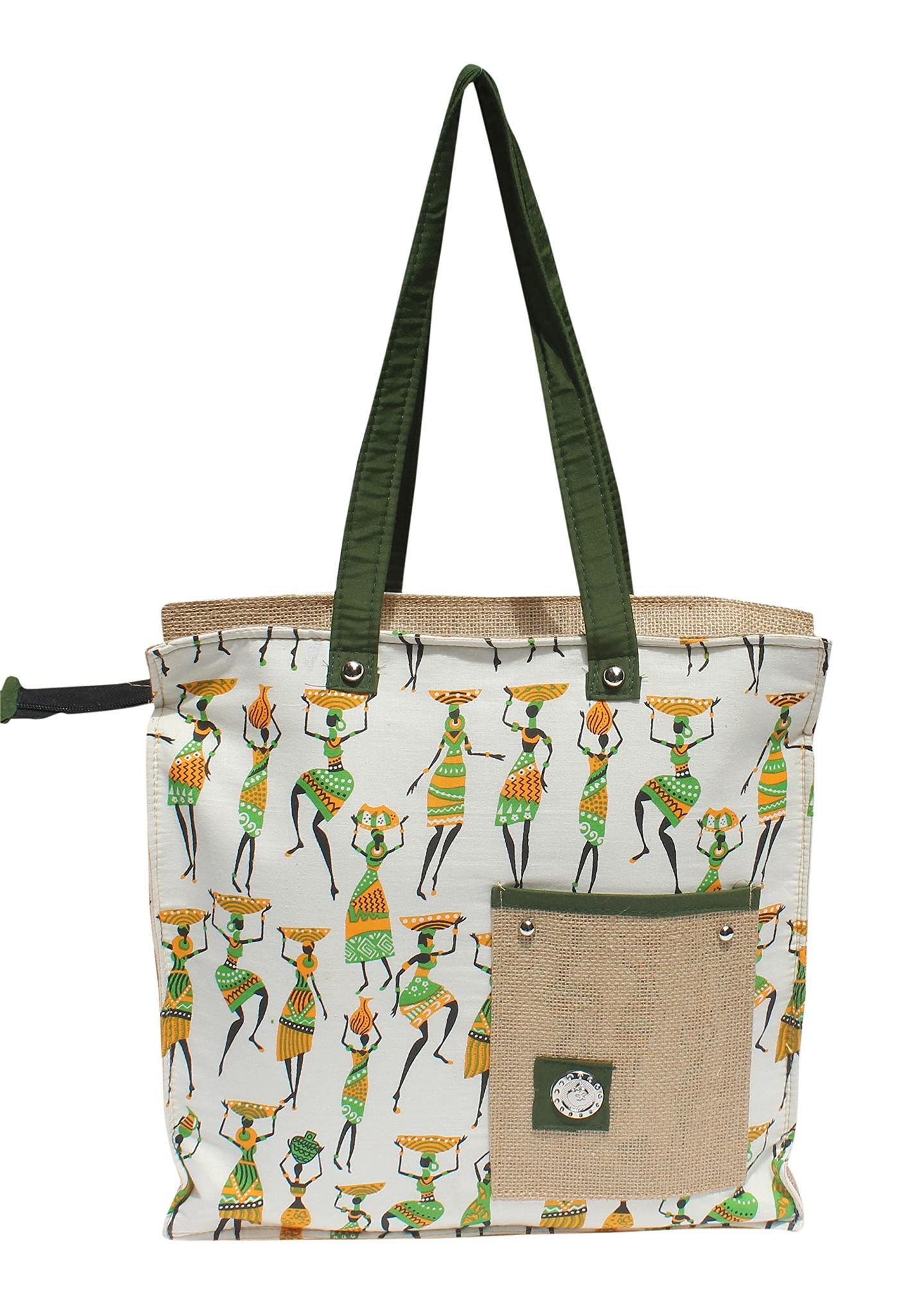 Mandhania Warli Printed Indian Tribal Art Cotton & Jute Women's Shoulder Bag Green