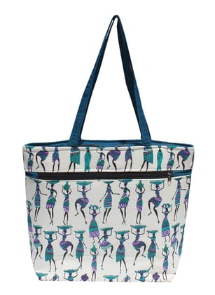 Mandhania Warli Printed Indian Tribal Art Women's Tote, Shoulder Bag Peacock Blue Mandhania Warli Printed Indian Tribal Art Women's Tote, Shoulder Bag Peacock Blue
