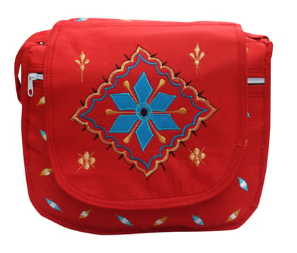 Mandhania Eco Friendly Handcrafted Embroidered Mirror Work�Cotton Jhola Bag,College Bag for Girls/Women Red