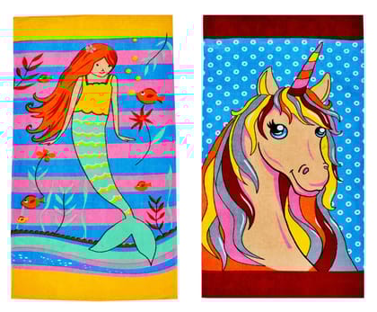 Mandhania Cotton Cartoon Printed Kids Bath Towels for Boys N Girls Pack of 2