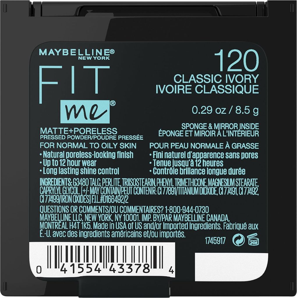 Maybelline New York Powder Foundation, Pressed Powder Compact, Mattifies Skin, Incl. Mirror and Applicator, Fit Me, 120 Classic Ivory, 8.5g