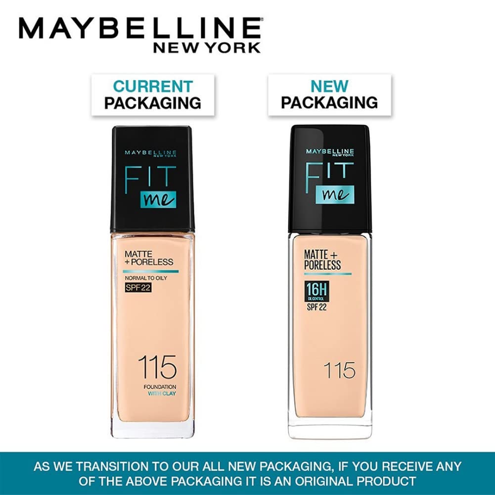 Maybelline New York Liquid Foundation, Matte Finish, With SPF, Absorbs Oil, Fit Me Matte + Poreless, 115 Ivory, 30ml