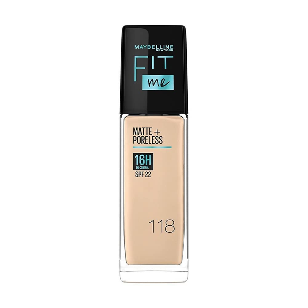 Maybelline New York Liquid Foundation, Matte Finish, With SPF, Absorbs Oil, Fit Me Matte + Poreless, 118 Light Beige, 30 ml
