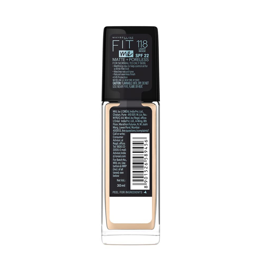 Maybelline New York Liquid Foundation, Matte Finish, With SPF, Absorbs Oil, Fit Me Matte + Poreless, 118 Light Beige, 30 ml