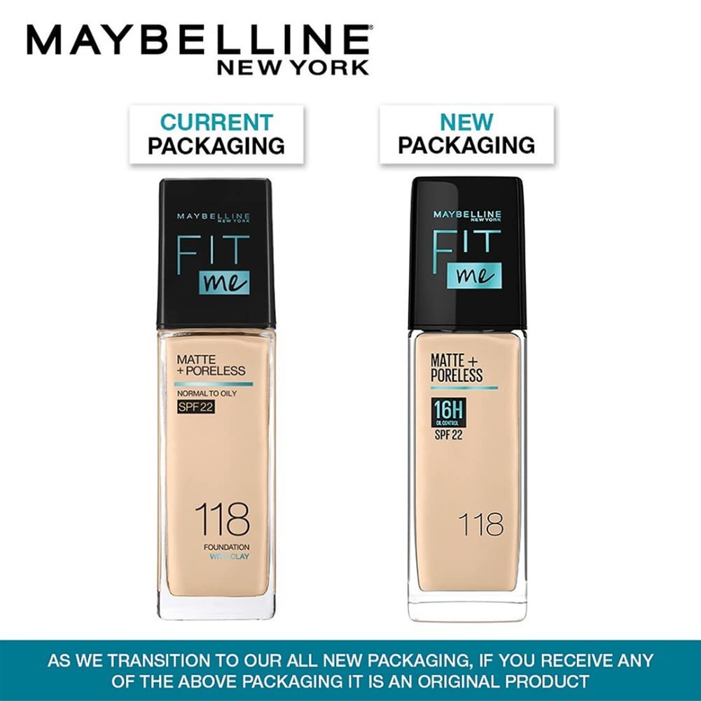 Maybelline New York Liquid Foundation, Matte Finish, With SPF, Absorbs Oil, Fit Me Matte + Poreless, 118 Light Beige, 30 ml