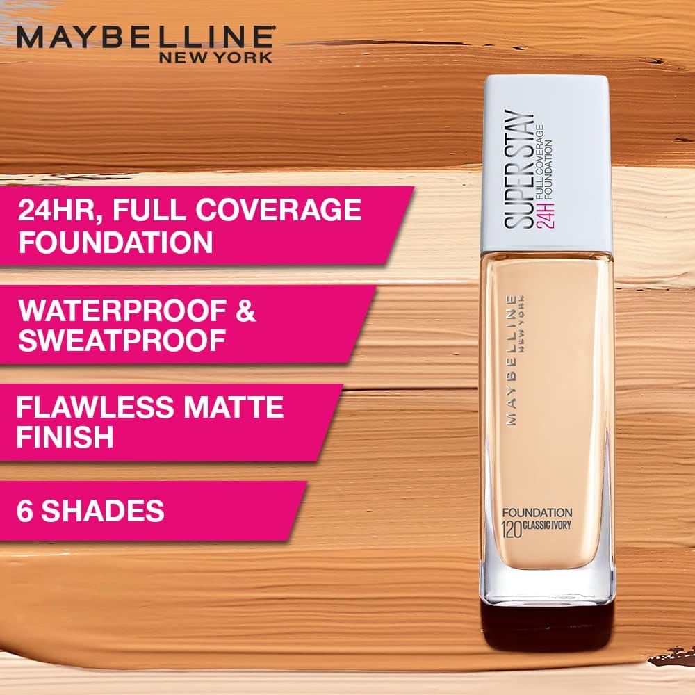 Maybelline New York Super Stay 30H Full Coverage Liquid Natural Foundation, Classic Ivory 120, 30ml