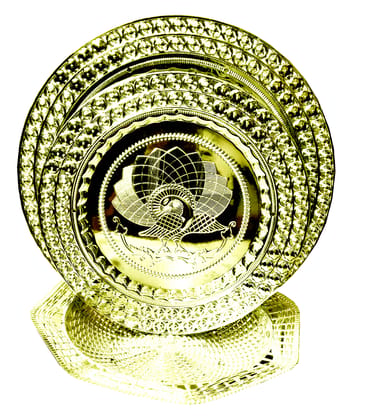 Omkar by R3 Inc. Royal Gold Gifting Set for Gifts Hampers | Designer Shagun Plate/Tray | Wedding Bowl for gift/fruit Packing (Plate - Regular & Jumbo & Bowl/Pack of 3)