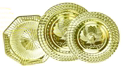 Omkar by R3 Inc. Royal Gold Gifting Set for Gifts Hampers | Designer Shagun Plate/Tray | Wedding Bowl for gift/fruit Packing (Plate - Regular & Jumbo & Bowl/Pack of 3)