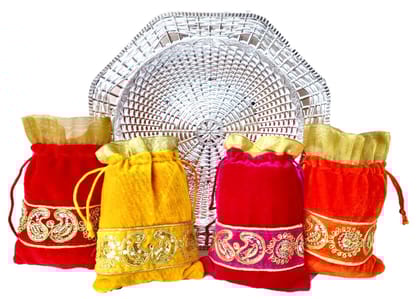 Omkar by R3 Inc. Silver Gift Basket / Bowl with Shagun Potli for Gifts Hampers | Fancy Hamper| Wedding Basket / Pouch for gift Packing (Pack of 5)