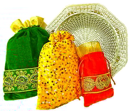 Omkar by R3 Inc. Gold Gift Basket / Bowl with Assorted size Shagun Potli for Gifts Hampers | Fancy Hamper| Wedding Basket / Pouch for gift Packing (Pack of 4)