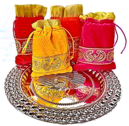 Omkar by R3 Inc. Silver Gift Plate with Shagun Potli for Gifts Hampers | Fancy Hamper| Wedding Basket / Pouch for gift Packing (Pack of 5)