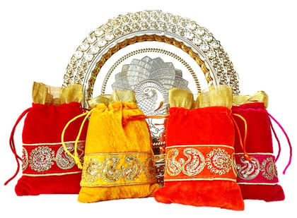 Omkar by R3 Inc. Gold Gift Plate with Shagun Potli for Gifts Hampers | Fancy Hamper| Wedding Basket / Pouch for gift Packing (Pack of 5)