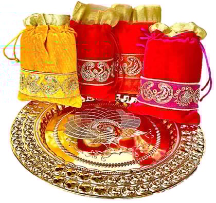 Omkar by R3 Inc. Gold Gift Plate with Shagun Potli for Gifts Hampers | Fancy Hamper| Wedding Basket / Pouch for gift Packing (Pack of 5)