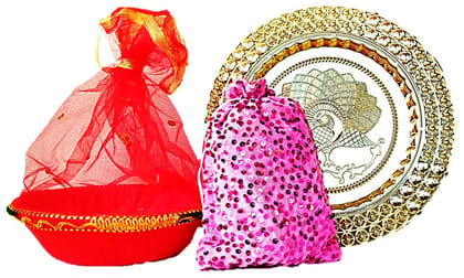 Omkar by R3 Inc. Gold Gift Plate, Basket with Shagun Potli for Gifts Hampers | Fancy Hamper| Wedding Basket / Pouch for gift Packing (Pack of 3)