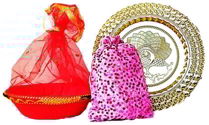 Omkar by R3 Inc. Gold Gift Plate, Basket with Shagun Potli for Gifts Hampers | Fancy Hamper| Wedding Basket / Pouch for gift Packing (Pack of 3)