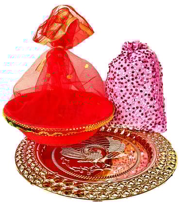 Omkar by R3 Inc. Gold Gift Plate, Basket with Shagun Potli for Gifts Hampers | Fancy Hamper| Wedding Basket / Pouch for gift Packing (Pack of 3)